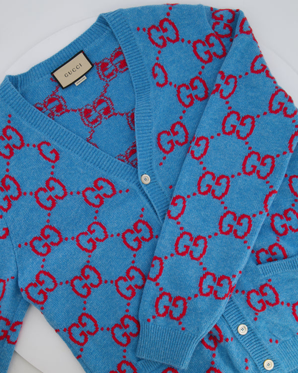 Gucci Blue and Red Wool GG Monogram Cardigan with Mother of Pearl Buttons Size L (UK 12/14) RRP £1,300