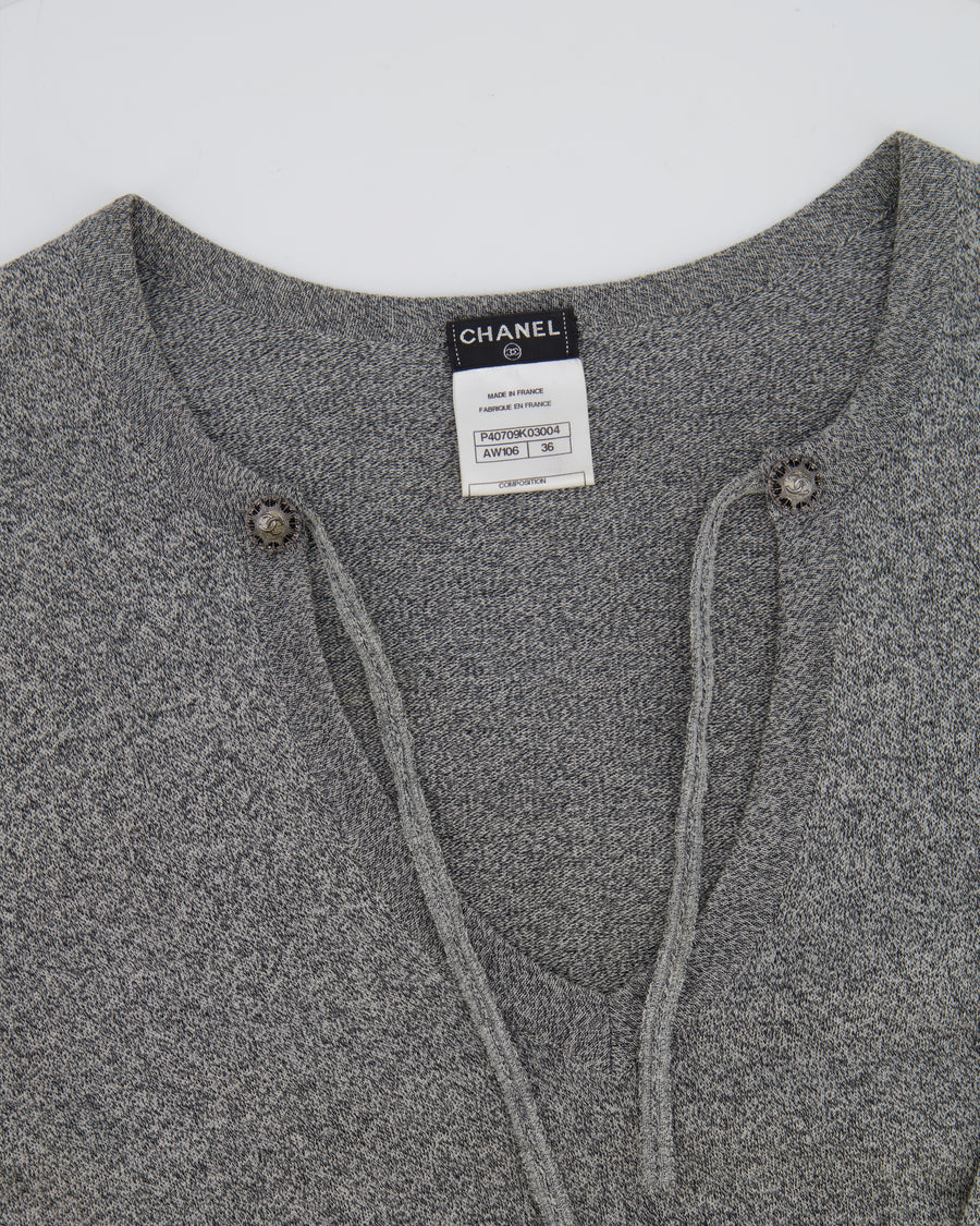 Chanel Grey Long-Sleeve Embellished Dress With CC Logo FR 36 (UK 8)
