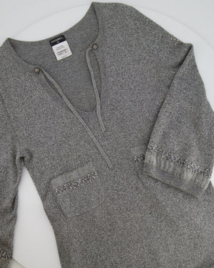 Chanel Grey Long-Sleeve Embellished Dress With CC Logo FR 36 (UK 8)