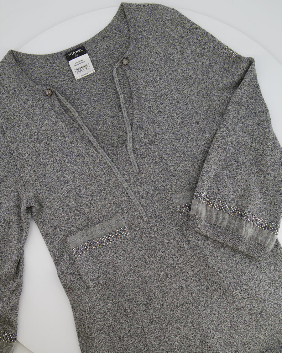 Chanel Grey Long-Sleeve Embellished Dress With CC Logo FR 36 (UK 8)