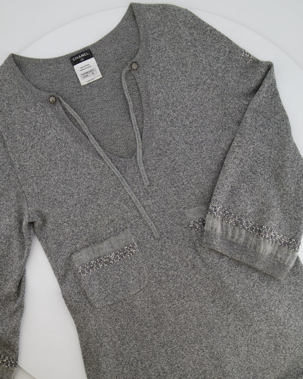 Chanel Grey Long-Sleeve Embellished Dress With CC Logo FR 36 (UK 8)