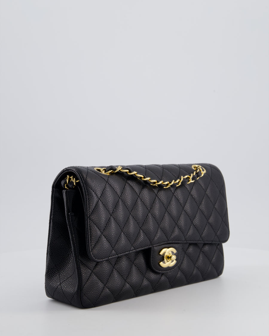 Chanel Black Classic Medium Double Flap Bag in Caviar Leather with Champagne Gold Hardware