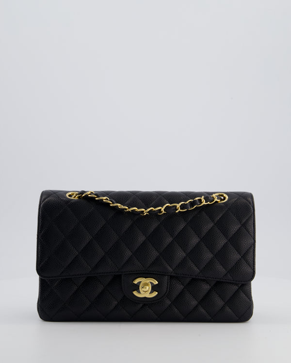 Chanel Black Classic Medium Double Flap Bag in Caviar Leather with Champagne Gold Hardware