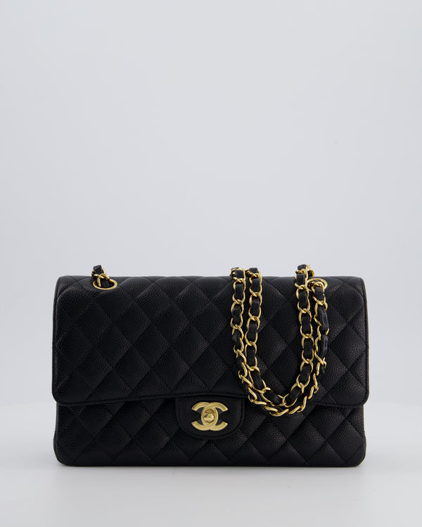 Chanel Black Classic Medium Double Flap Bag in Caviar Leather with Champagne Gold Hardware