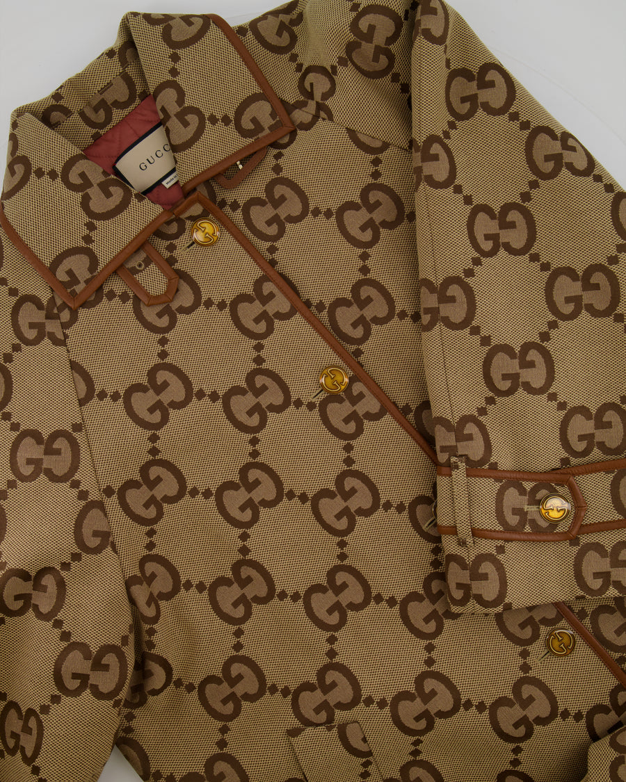 Gucci Beige GG Monogram Coat with GG Logo Buttons and Leather Trim Detail Size IT 40 (UK 8) RRP £2,900