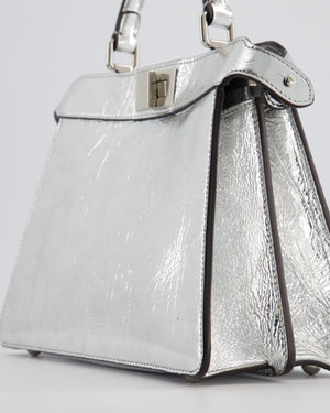 Fendi Silver Metallic Small Peekaboo Bag in Calfskin Leather with Silver Hardware