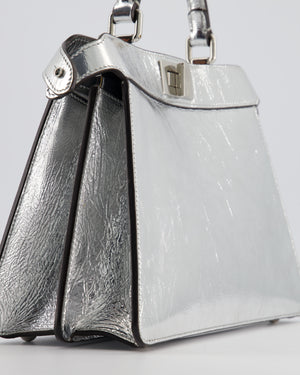 Fendi Silver Metallic Small Peekaboo Bag in Calfskin Leather with Silver Hardware
