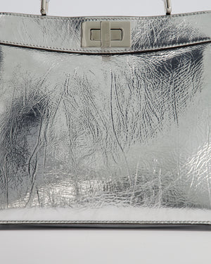 Fendi Silver Metallic Small Peekaboo Bag in Calfskin Leather with Silver Hardware
