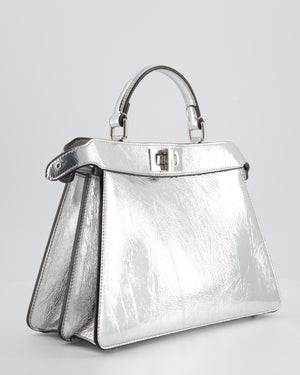 Fendi Silver Metallic Small Peekaboo Bag in Calfskin Leather with Silver Hardware