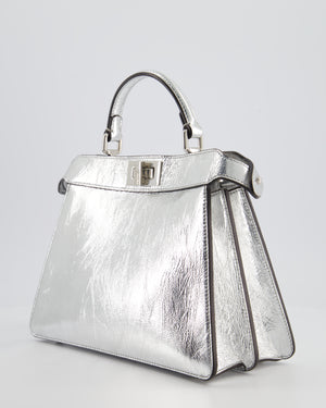 Fendi Silver Metallic Small Peekaboo Bag in Calfskin Leather with Silver Hardware