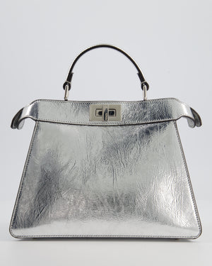 Fendi Silver Metallic Small Peekaboo Bag in Calfskin Leather with Silver Hardware