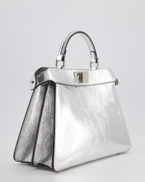 Fendi Silver Metallic Small Peekaboo Bag in Calfskin Leather with Silver Hardware