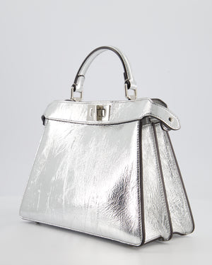 Fendi Silver Metallic Small Peekaboo Bag in Calfskin Leather with Silver Hardware