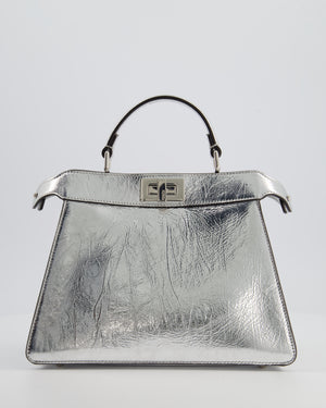 Fendi Silver Metallic Small Peekaboo Bag in Calfskin Leather with Silver Hardware