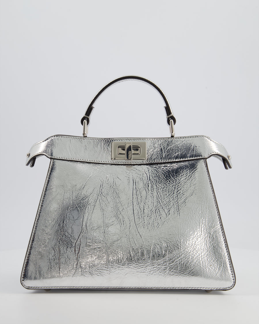 Fendi Silver Metallic Small Peekaboo Bag in Calfskin Leather with Silver Hardware