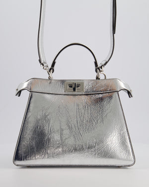 Fendi Silver Metallic Small Peekaboo Bag in Calfskin Leather with Silver Hardware