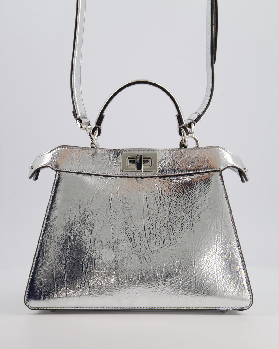 Fendi Silver Metallic Small Peekaboo Bag in Calfskin Leather with Silver Hardware