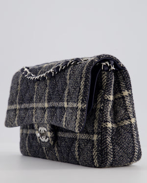 Chanel Medium Classic Double Flap Bag in Navy and Cream Tweed Check Fabric with Silver Hardware