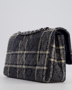 Chanel Medium Classic Double Flap Bag in Navy and Cream Tweed Check Fabric with Silver Hardware