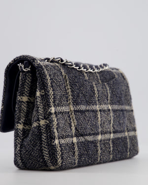 Chanel Medium Classic Double Flap Bag in Navy and Cream Tweed Check Fabric with Silver Hardware