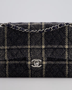 Chanel Medium Classic Double Flap Bag in Navy and Cream Tweed Check Fabric with Silver Hardware