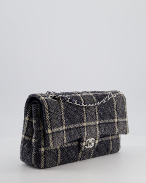 Chanel Medium Classic Double Flap Bag in Navy and Cream Tweed Check Fabric with Silver Hardware