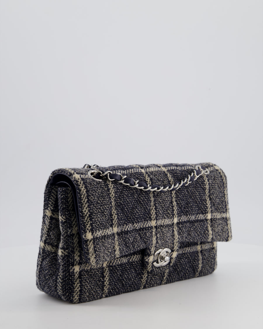 Chanel Medium Classic Double Flap Bag in Navy and Cream Tweed Check Fabric with Silver Hardware