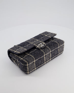Chanel Medium Classic Double Flap Bag in Navy and Cream Tweed Check Fabric with Silver Hardware
