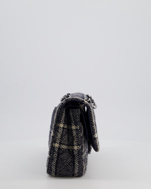 Chanel Medium Classic Double Flap Bag in Navy and Cream Tweed Check Fabric with Silver Hardware