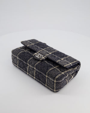 Chanel Medium Classic Double Flap Bag in Navy and Cream Tweed Check Fabric with Silver Hardware