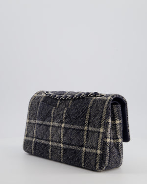 Chanel Medium Classic Double Flap Bag in Navy and Cream Tweed Check Fabric with Silver Hardware