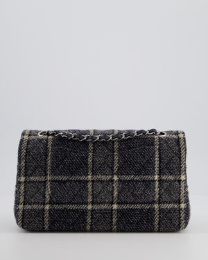 Chanel Medium Classic Double Flap Bag in Navy and Cream Tweed Check Fabric with Silver Hardware