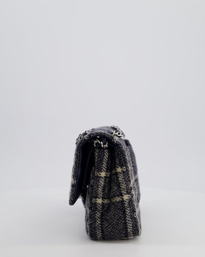 Chanel Medium Classic Double Flap Bag in Navy and Cream Tweed Check Fabric with Silver Hardware