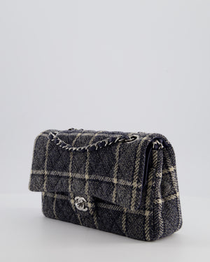 Chanel Medium Classic Double Flap Bag in Navy and Cream Tweed Check Fabric with Silver Hardware