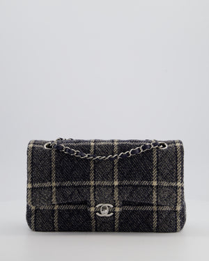 Chanel Medium Classic Double Flap Bag in Navy and Cream Tweed Check Fabric with Silver Hardware