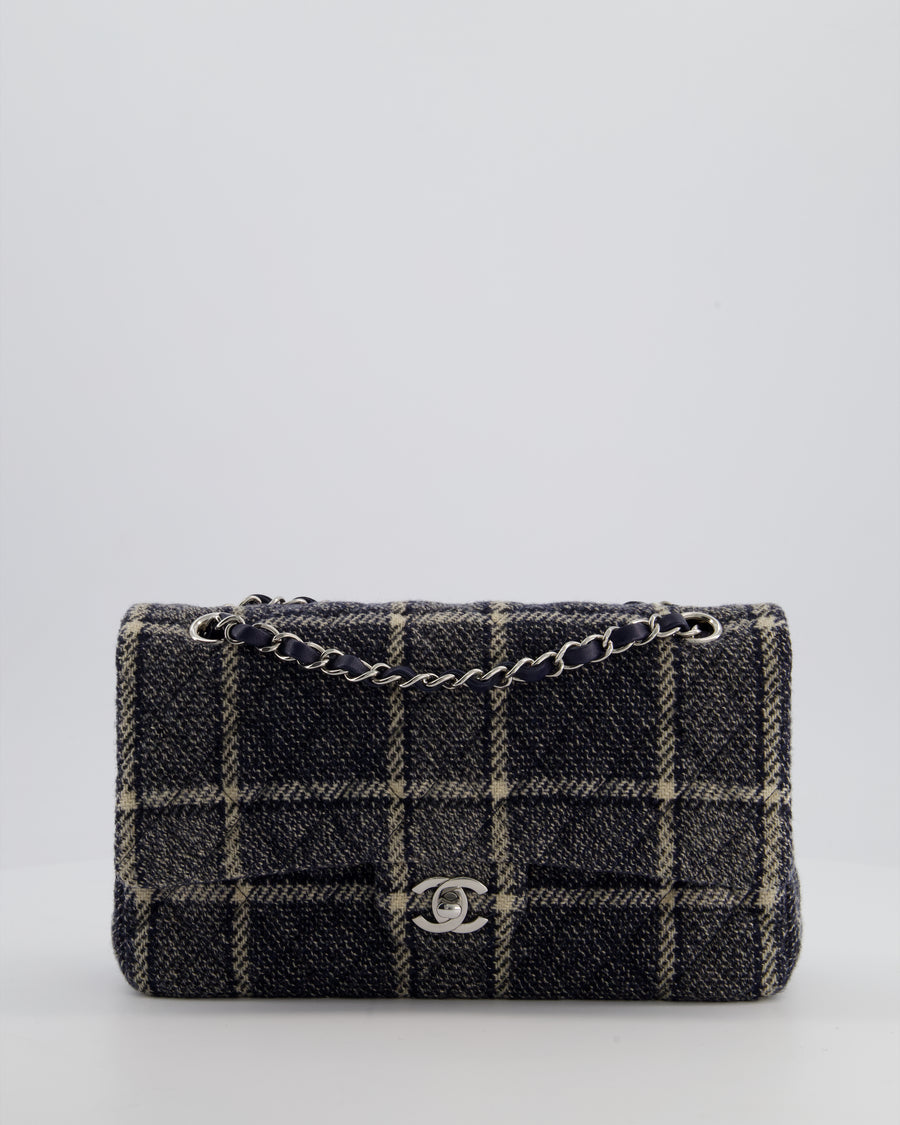 Chanel Medium Classic Double Flap Bag in Navy and Cream Tweed Check Fabric with Silver Hardware