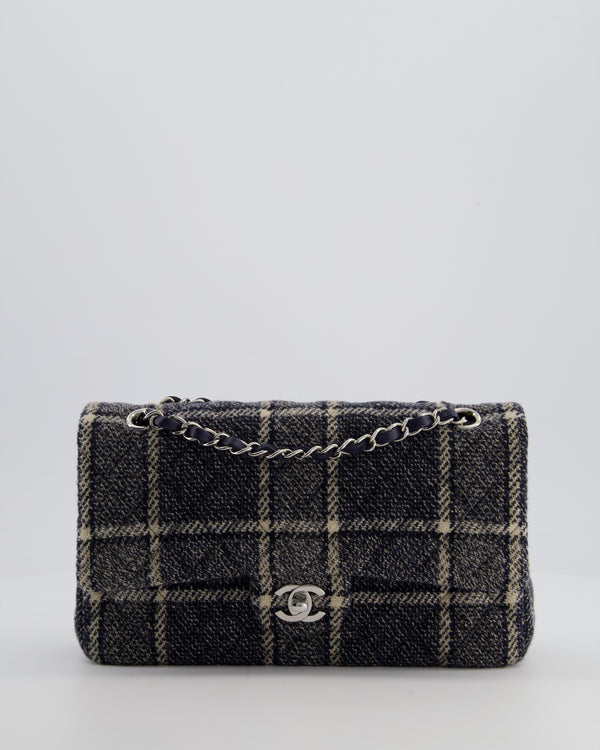 Chanel Medium Classic Double Flap Bag in Navy and Cream Tweed Check Fabric with Silver Hardware