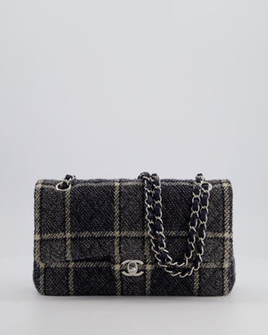 Chanel Medium Classic Double Flap Bag in Navy and Cream Tweed Check Fabric with Silver Hardware