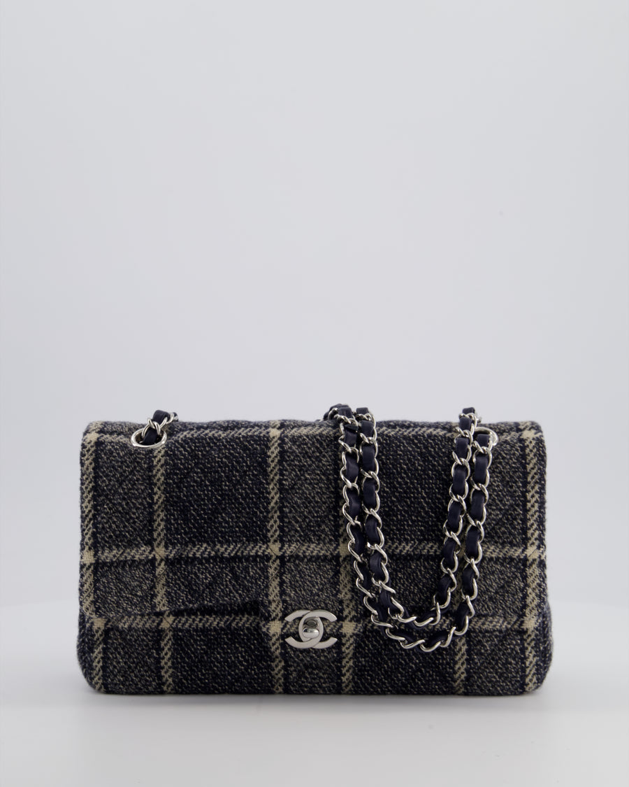 Chanel Medium Classic Double Flap Bag in Navy and Cream Tweed Check Fabric with Silver Hardware