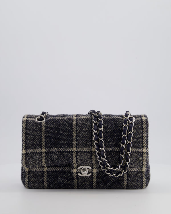 Chanel Medium Classic Double Flap Bag in Navy and Cream Tweed Check Fabric with Silver Hardware