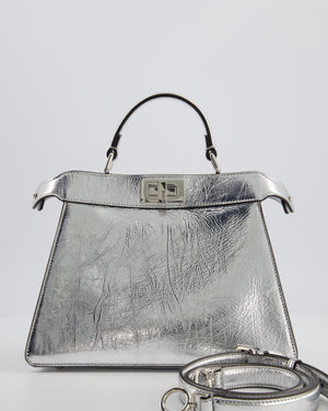 Fendi Silver Metallic Small Peekaboo Bag in Calfskin Leather with Silver Hardware