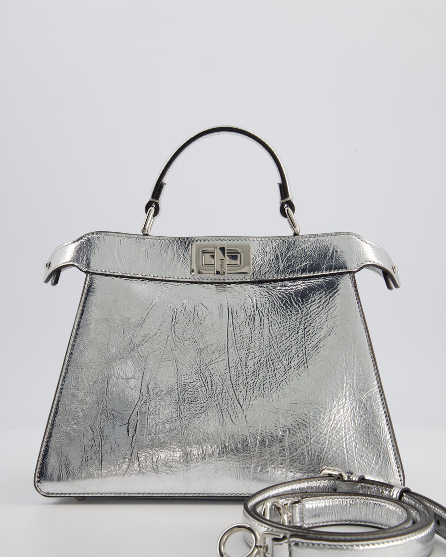 Fendi Silver Metallic Small Peekaboo Bag in Calfskin Leather with Silver Hardware