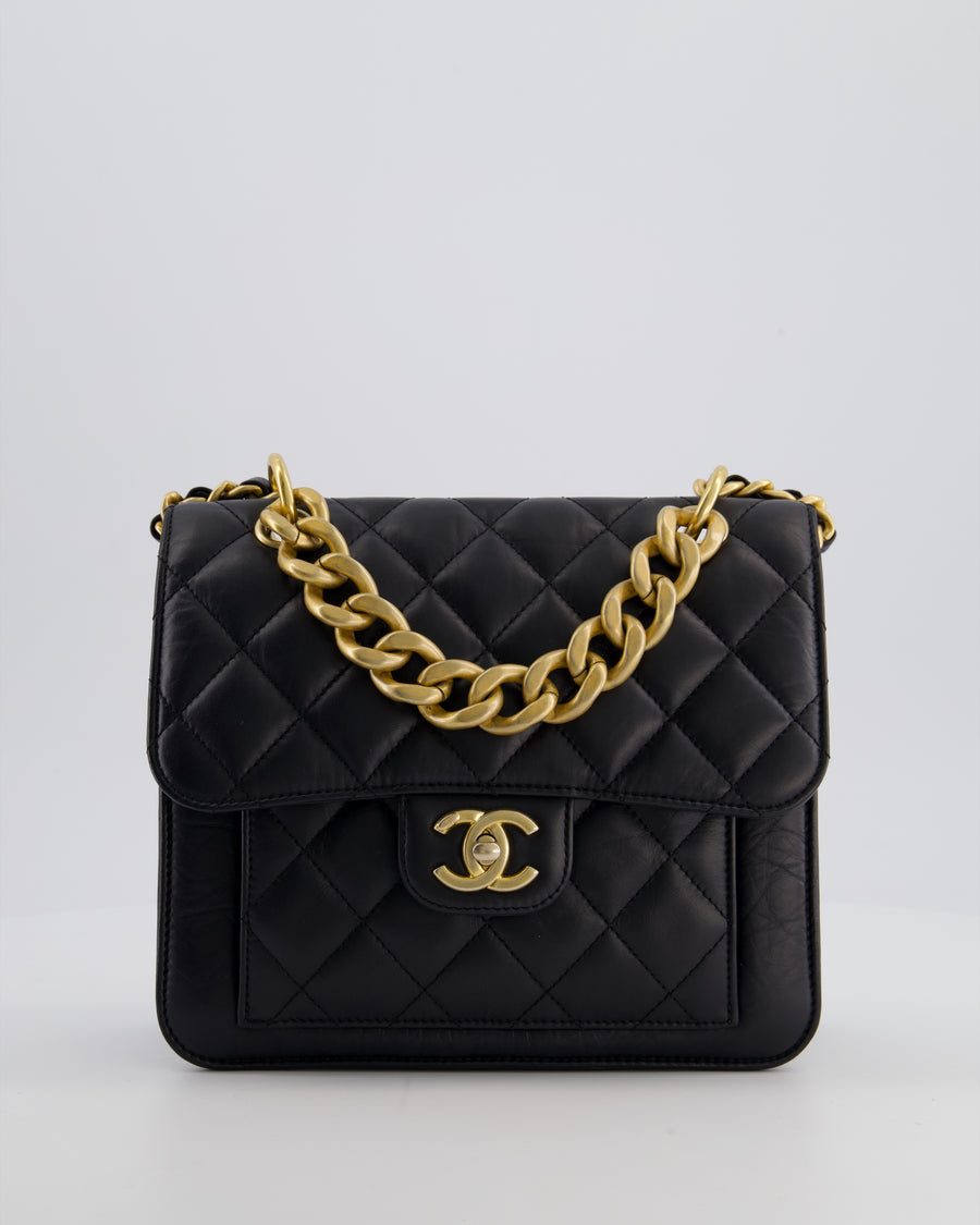 Chanel Black 23S Square Messenger Flap Bag in Aged Calfskin Leather with Aged Gold Hardware