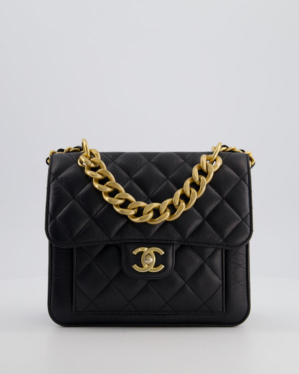 Chanel Black 23S Square Messenger Flap Bag in Aged Calfskin Leather with Aged Gold Hardware