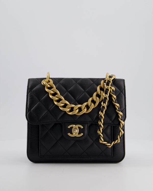 Chanel Black 23S Square Messenger Flap Bag in Aged Calfskin Leather with Aged Gold Hardware