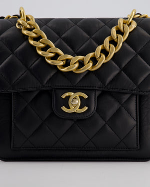 Chanel Black 23S Square Messenger Flap Bag in Aged Calfskin Leather with Aged Gold Hardware