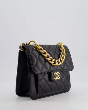 Chanel Black 23S Square Messenger Flap Bag in Aged Calfskin Leather with Aged Gold Hardware