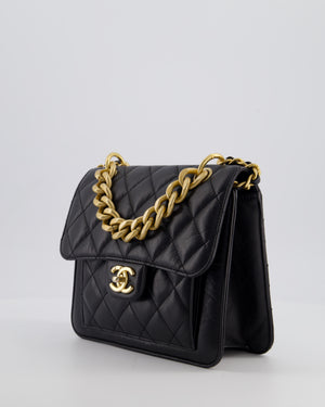 Chanel Black 23S Square Messenger Flap Bag in Aged Calfskin Leather with Aged Gold Hardware