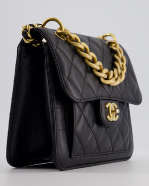 Chanel Black 23S Square Messenger Flap Bag in Aged Calfskin Leather with Aged Gold Hardware