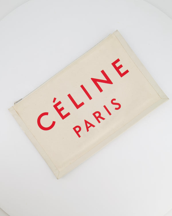 Celine Cream Canvas Pouch Bag with Red Printed Logo and Leather Trim Detail